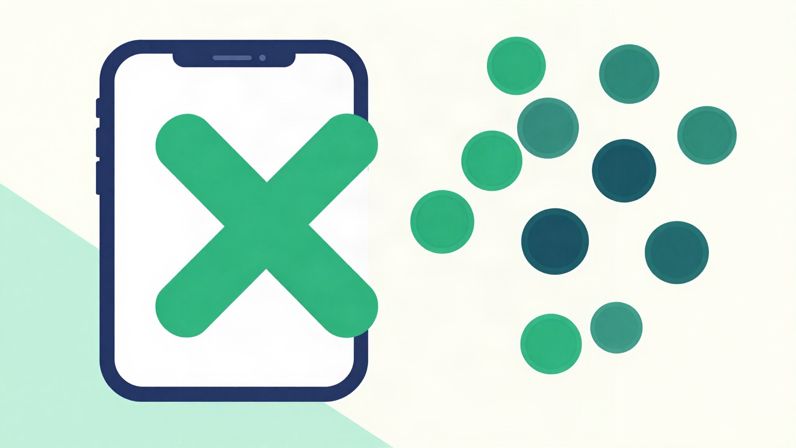 Smartfon z przekreślonym ekranem i rozpadające się zielone żetony, ilustracja zamknięcia konta i utraty punktów